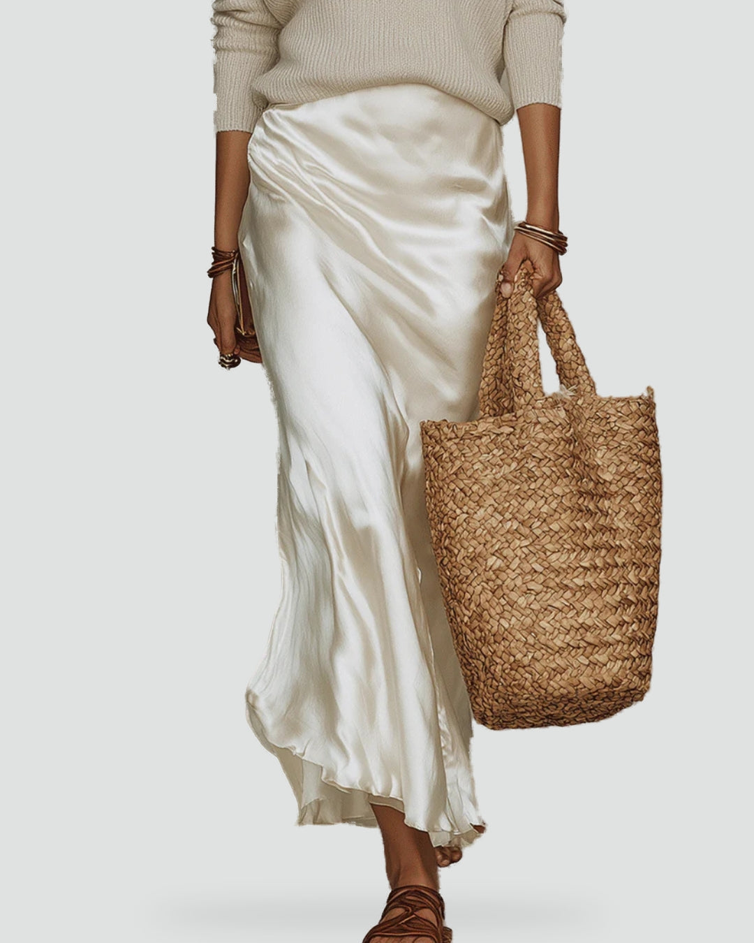 Miriam two piece jumper and satin maxi skirt set, close up