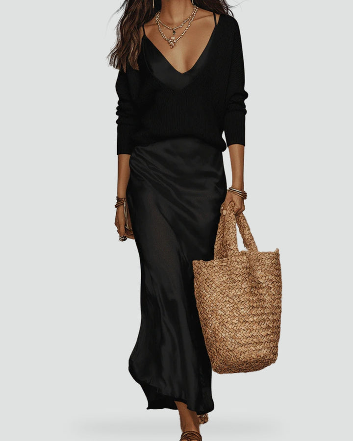 Miriam two piece jumper and satin maxi skirt set in black