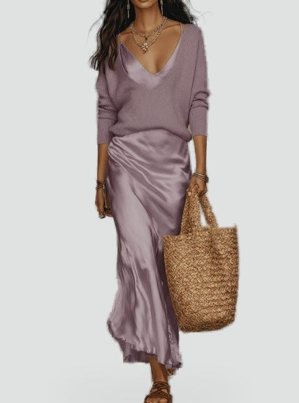Miriam two piece jumper and satin maxi skirt set in purple