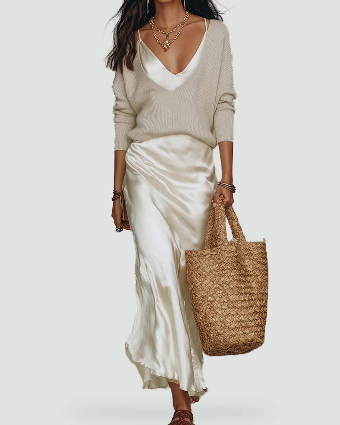 Miriam two piece jumper and satin maxi skirt set, front view
