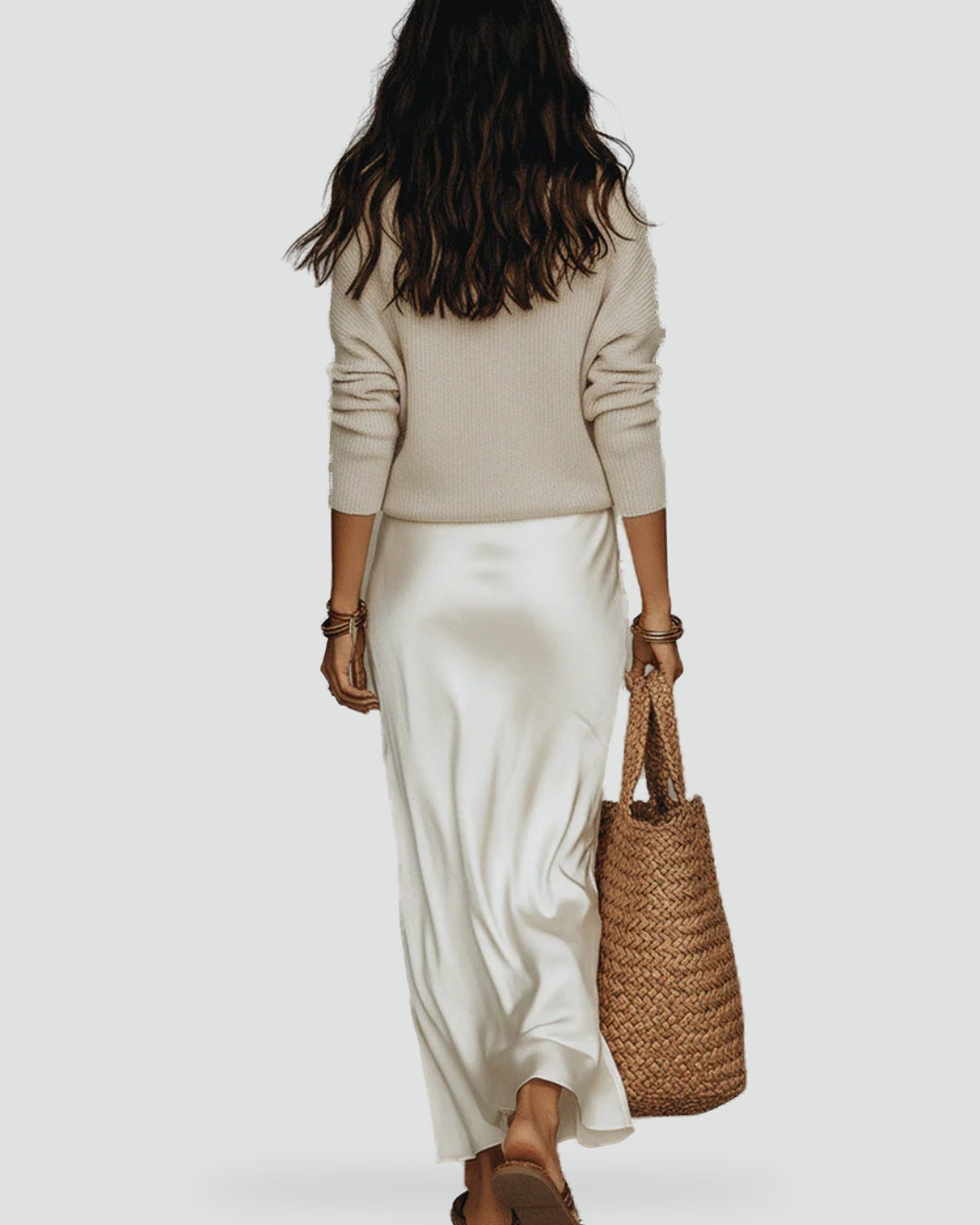 Miriam two piece jumper and satin maxi skirt set, side view