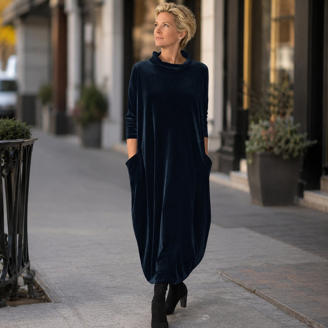 Violet velvet roll neck maxi dress, fabric detail