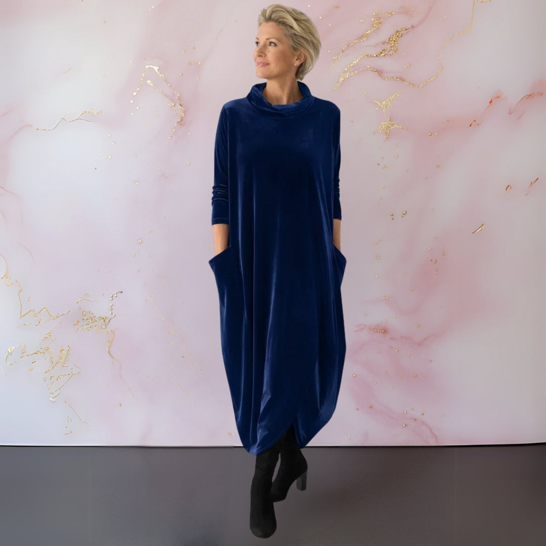 Violet velvet roll neck maxi dress in blue