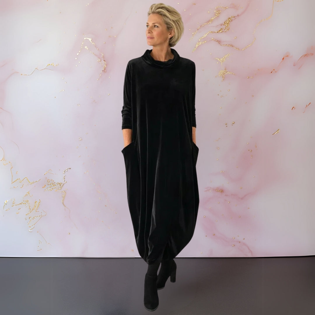 Violet velvet roll neck maxi dress in black