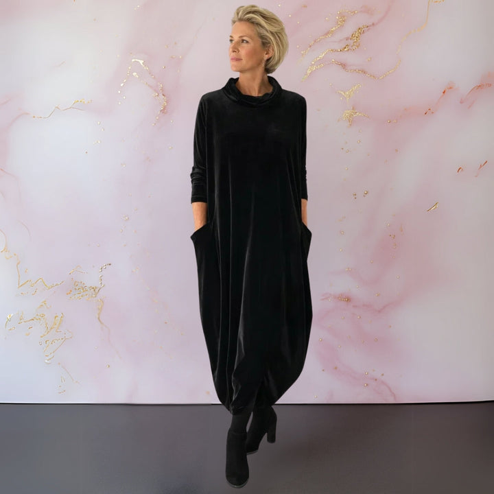 Violet velvet roll neck maxi dress in black
