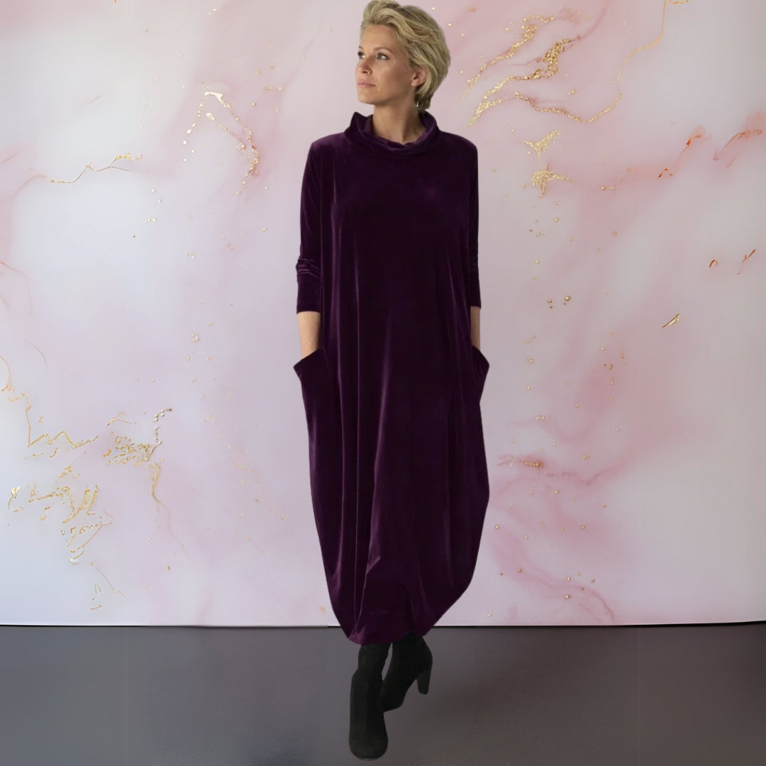 Violet velvet roll neck maxi dress in purple