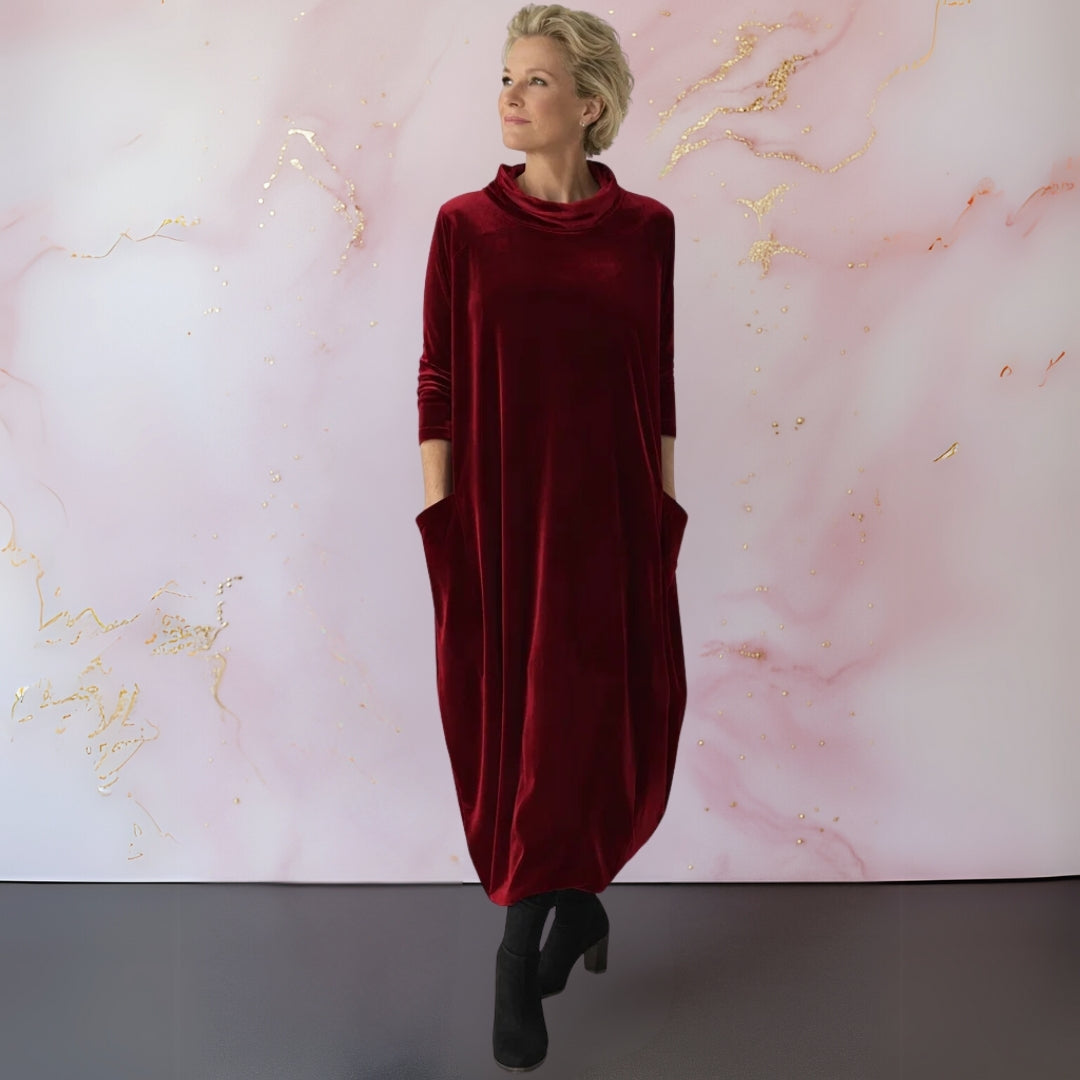 Violet velvet roll neck maxi dress in red