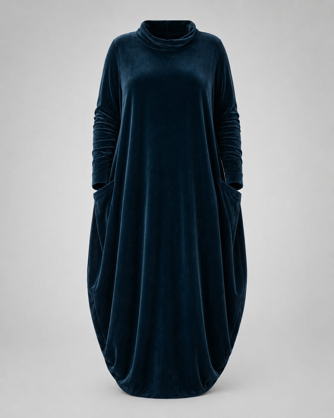 Violet velvet roll neck maxi dress, front view
