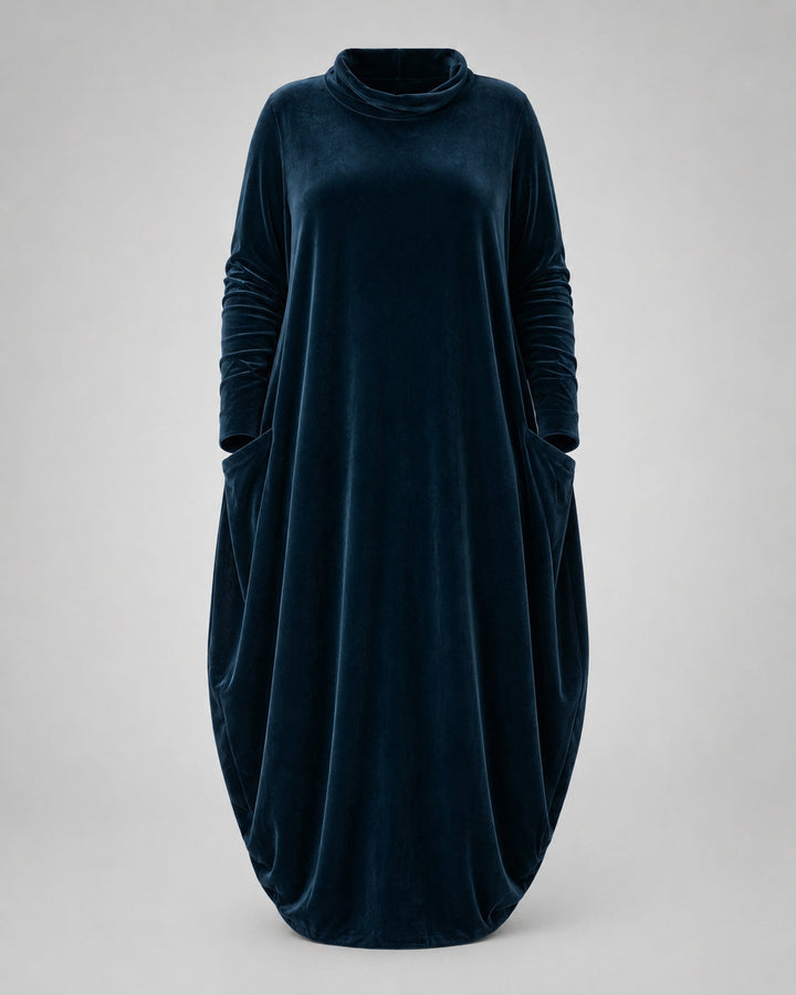 Violet velvet roll neck maxi dress, front view
