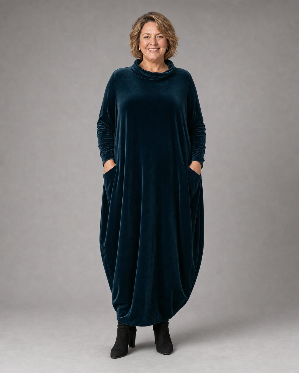 Violet velvet roll neck maxi dress, detail