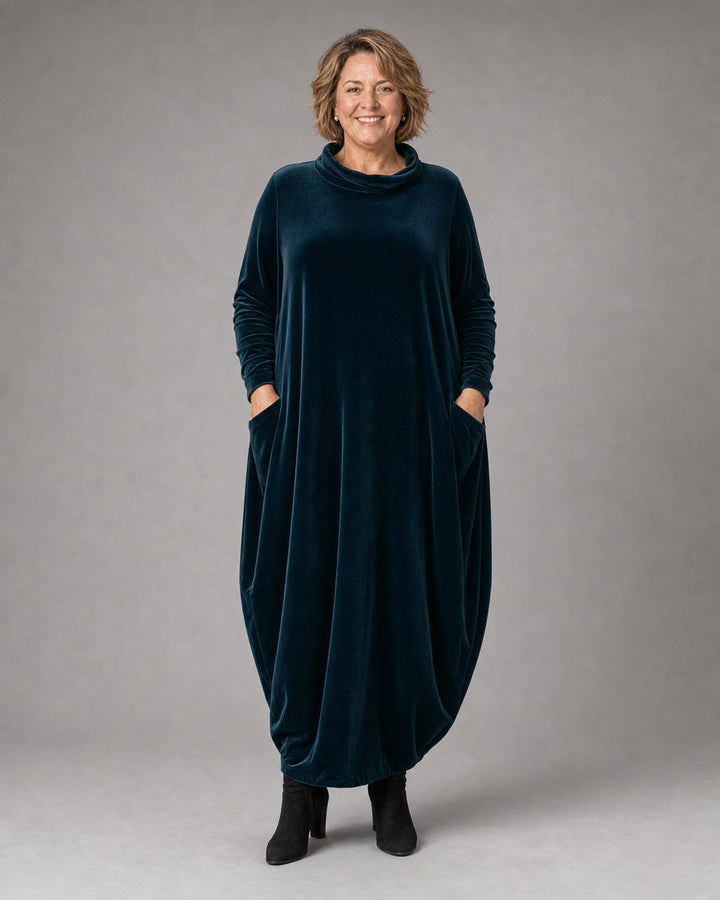 Violet velvet roll neck maxi dress, detail