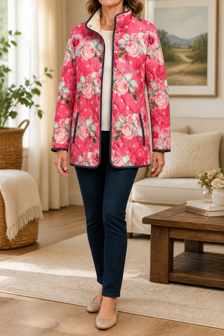 Yasmin Elegant Floral Print Quilted Puffer Jacket