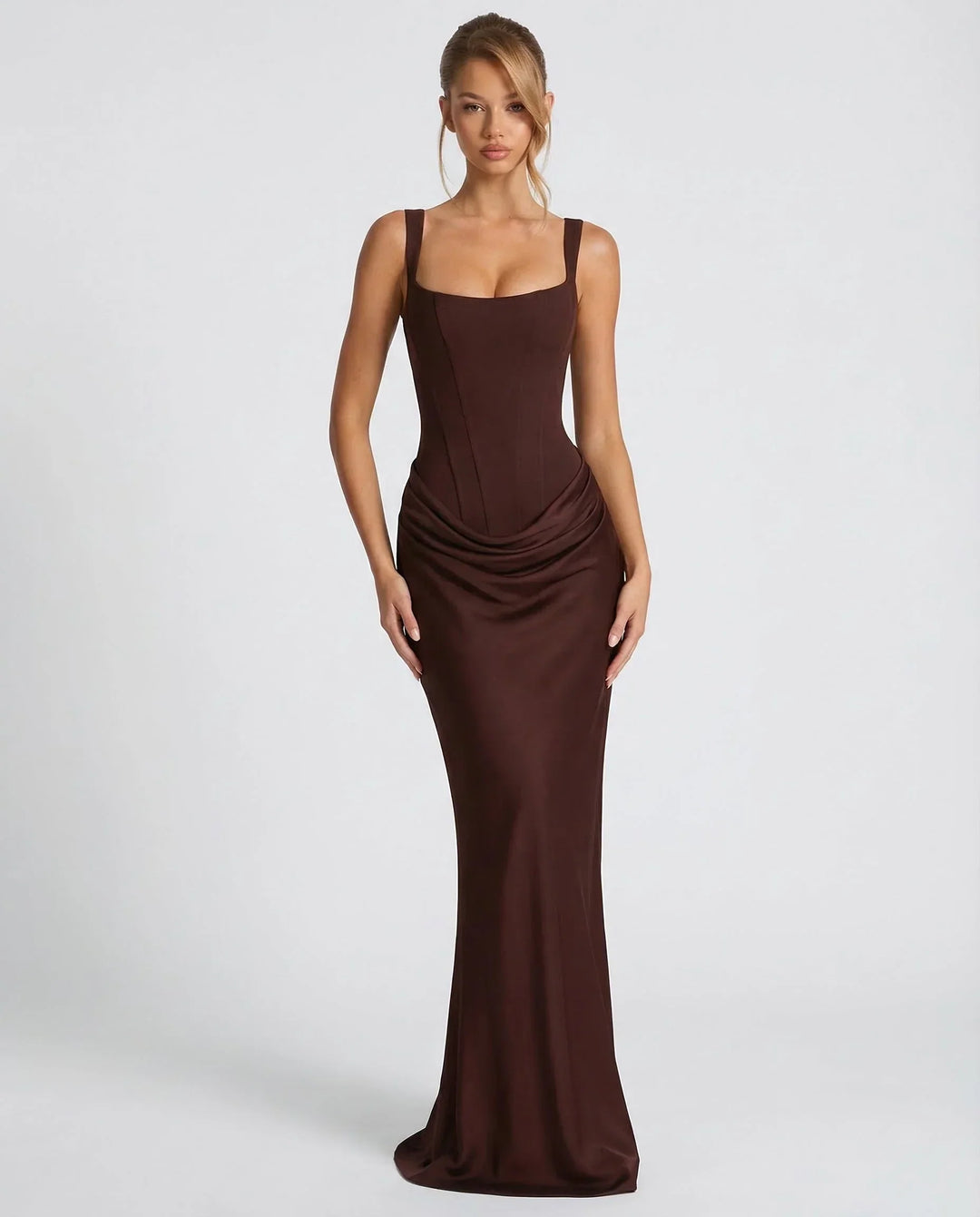 Esmeralda square neck corset maxi dress with draped hip