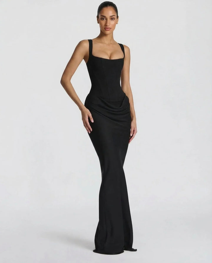 Esmeralda square neck corset maxi dress with draped hip – image 2