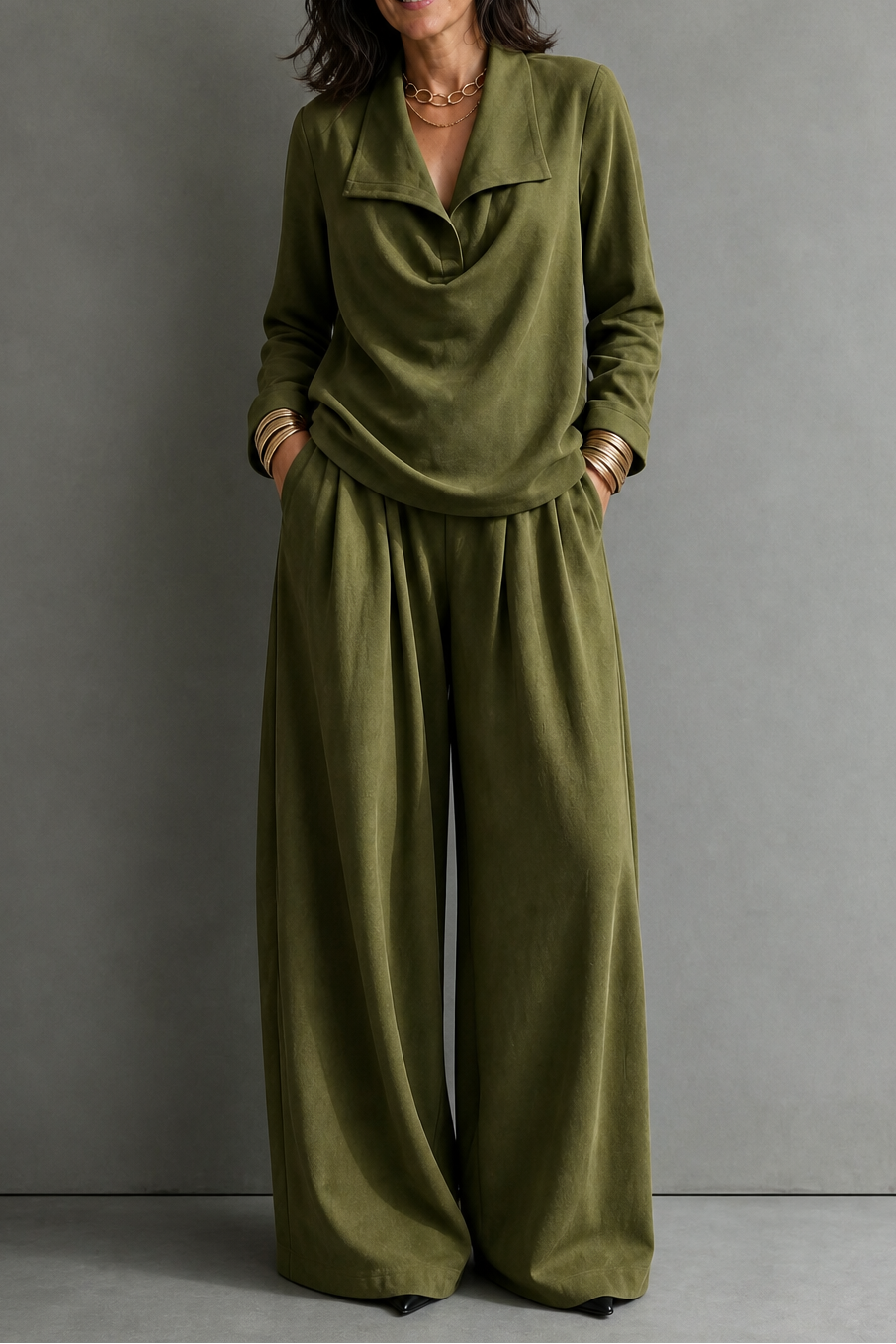 Maribel Elegant Ribbed Knit Draped Top and Trouser Set