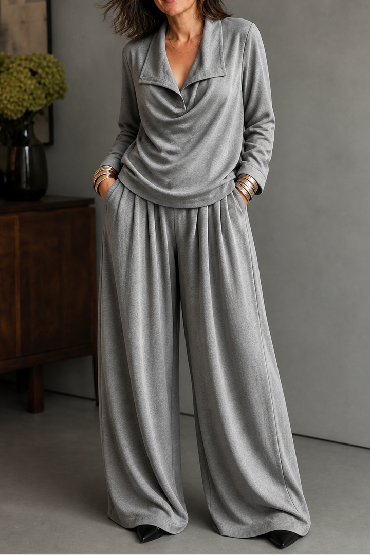 Maribel Elegant Ribbed Knit Draped Top and Trouser Set - image 3