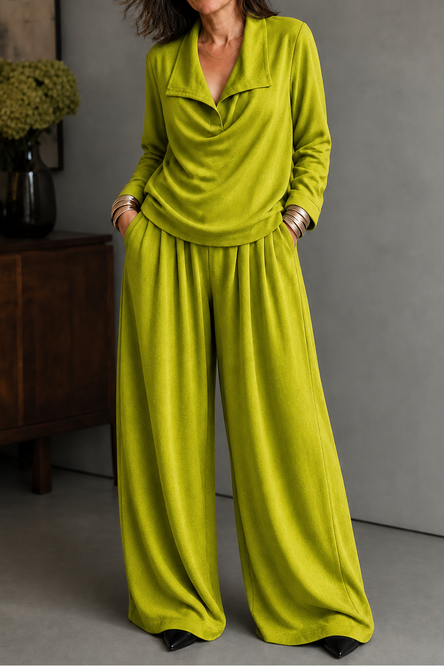Maribel Elegant Ribbed Knit Draped Top and Trouser Set - image 9