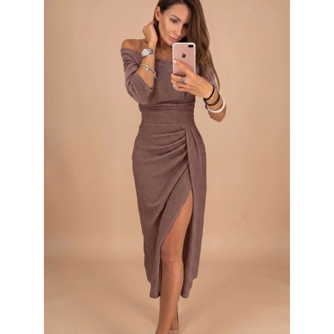 Silvana pleated sequin cocktail dress in brown