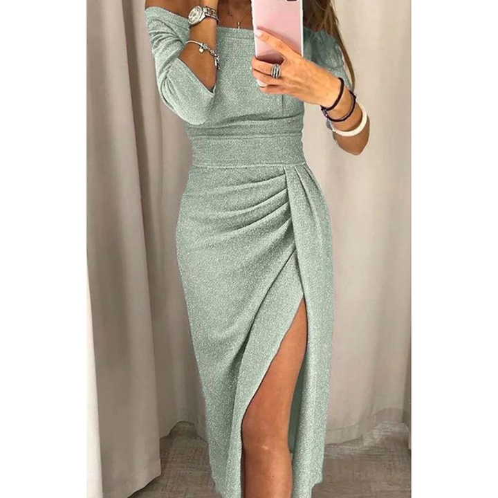 Silvana pleated sequin cocktail dress in silver green