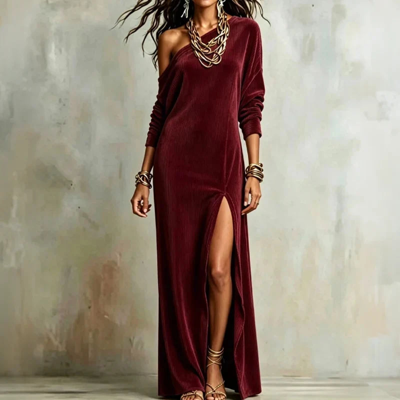 Seren Elegant One Shoulder Ribbed Maxi Dress with Thigh Slit - image 14