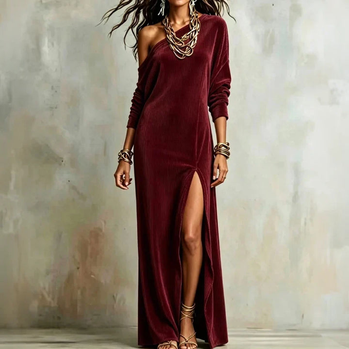 Seren Elegant One Shoulder Ribbed Maxi Dress with Thigh Slit - image 14