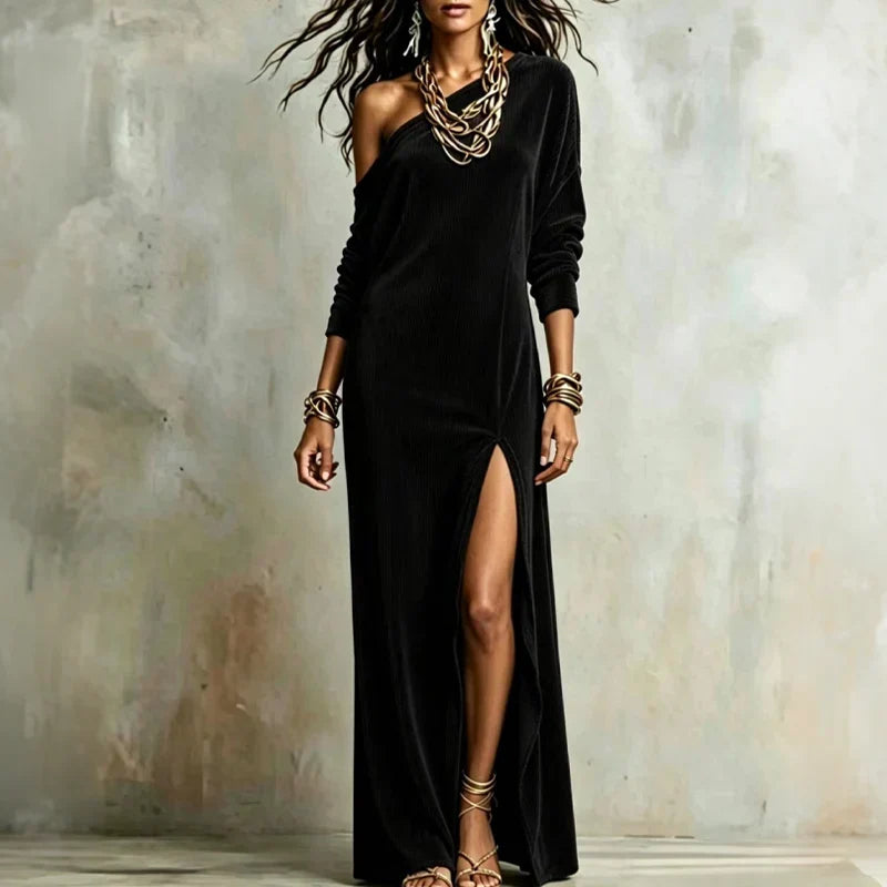 Seren Elegant One Shoulder Ribbed Maxi Dress with Thigh Slit - image 15