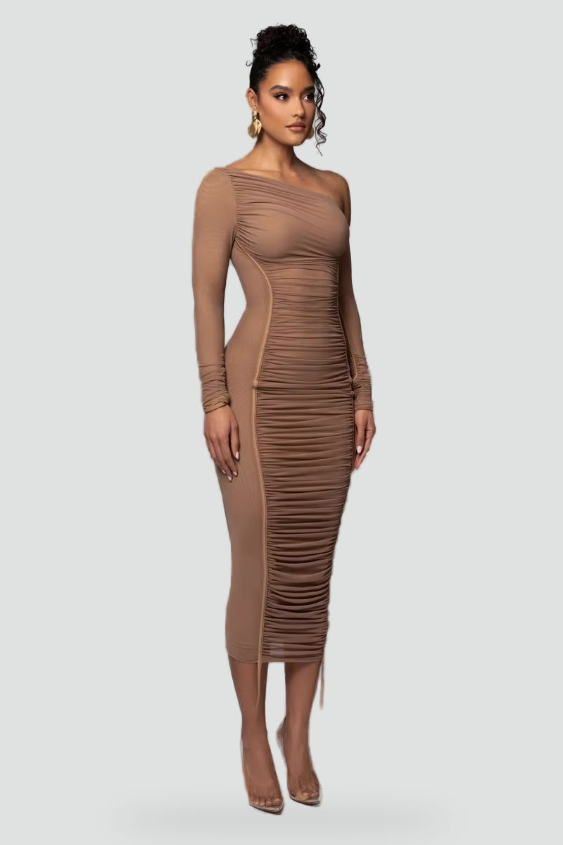 Leonora ruched bodycon midi dress, back view