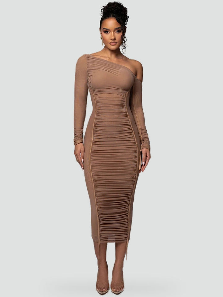 Leonora ruched bodycon midi dress in brown