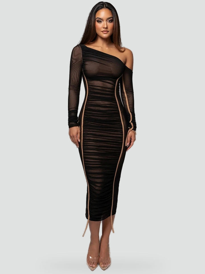 Leonora ruched bodycon midi dress in black