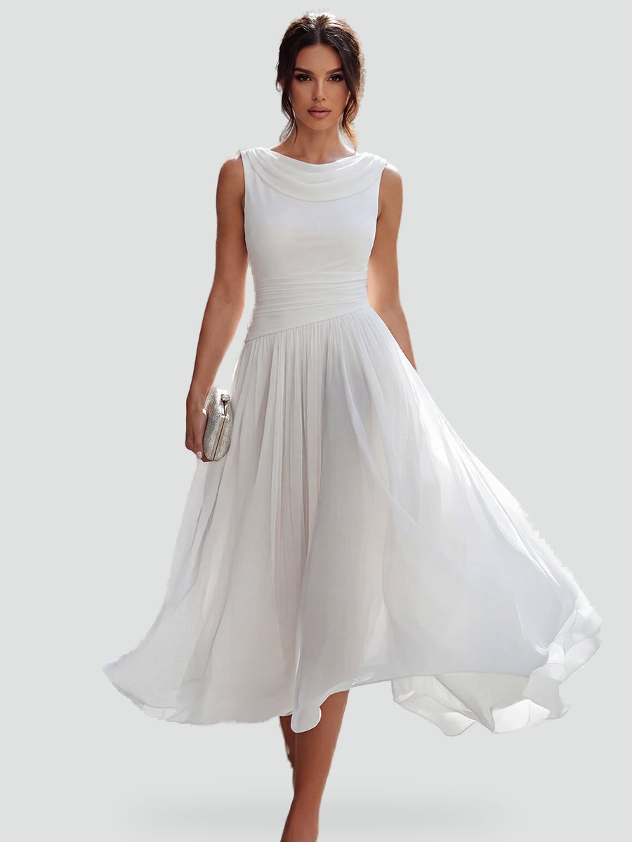 Vivienne draped neck pleated midi dress in white