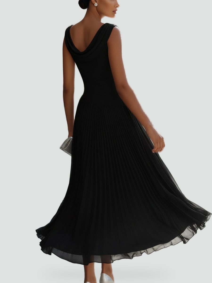 Vivienne draped neck pleated midi dress, close up
