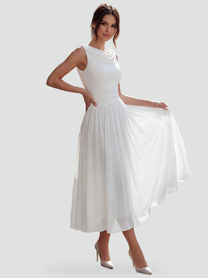 Vivienne draped neck pleated midi dress, front view