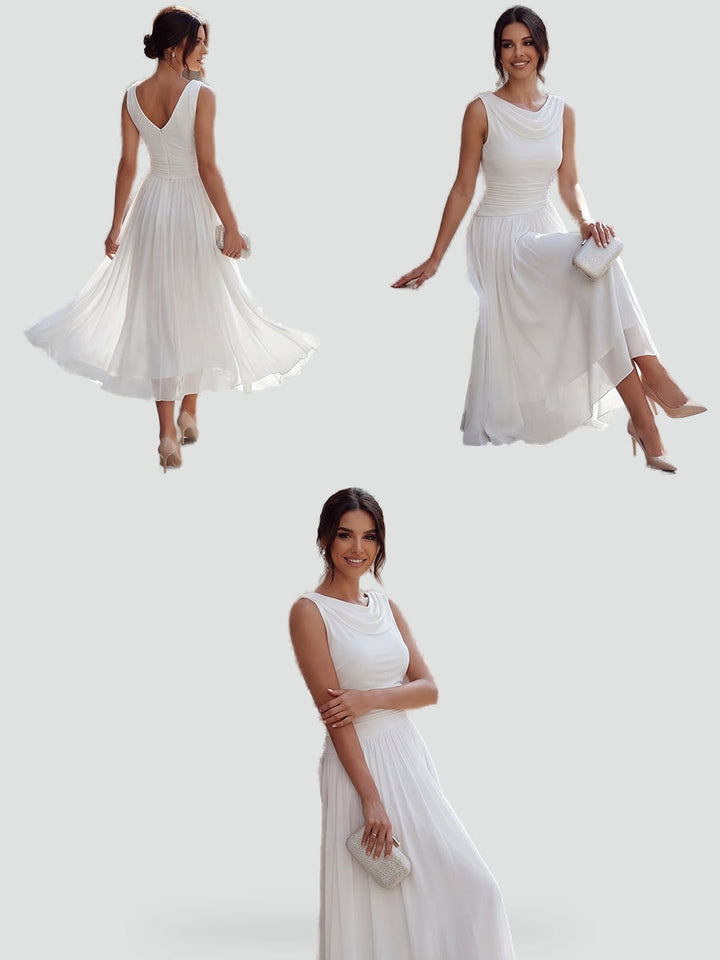 Vivienne draped neck pleated midi dress, back view