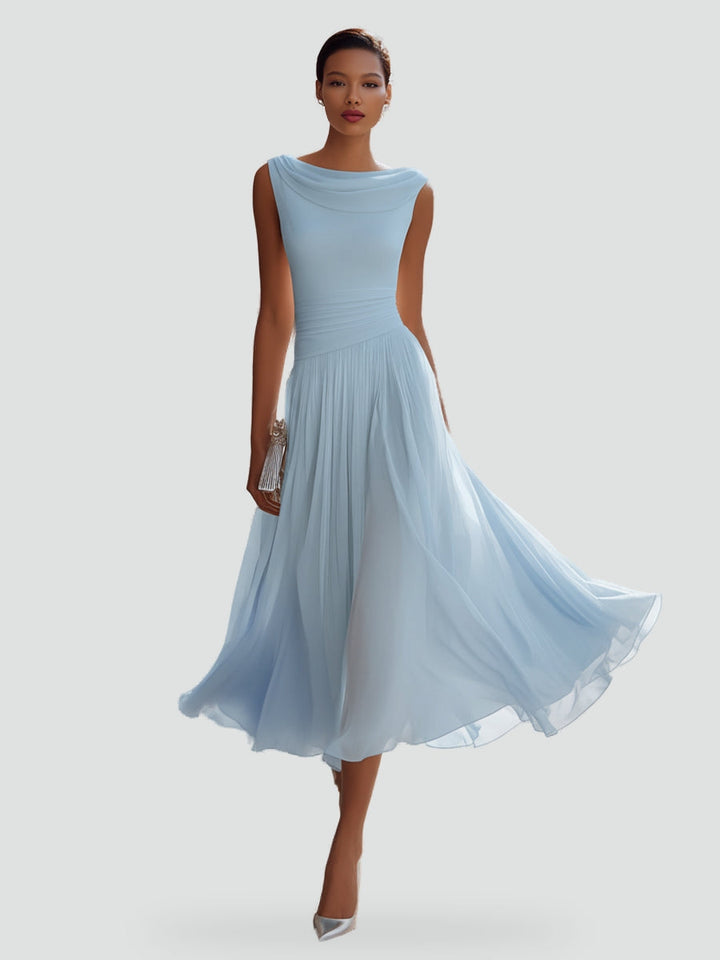 Vivienne draped neck pleated midi dress in azure