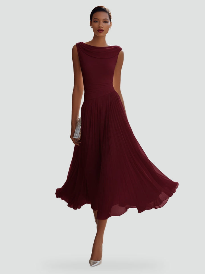 Vivienne draped neck pleated midi dress in burgundy