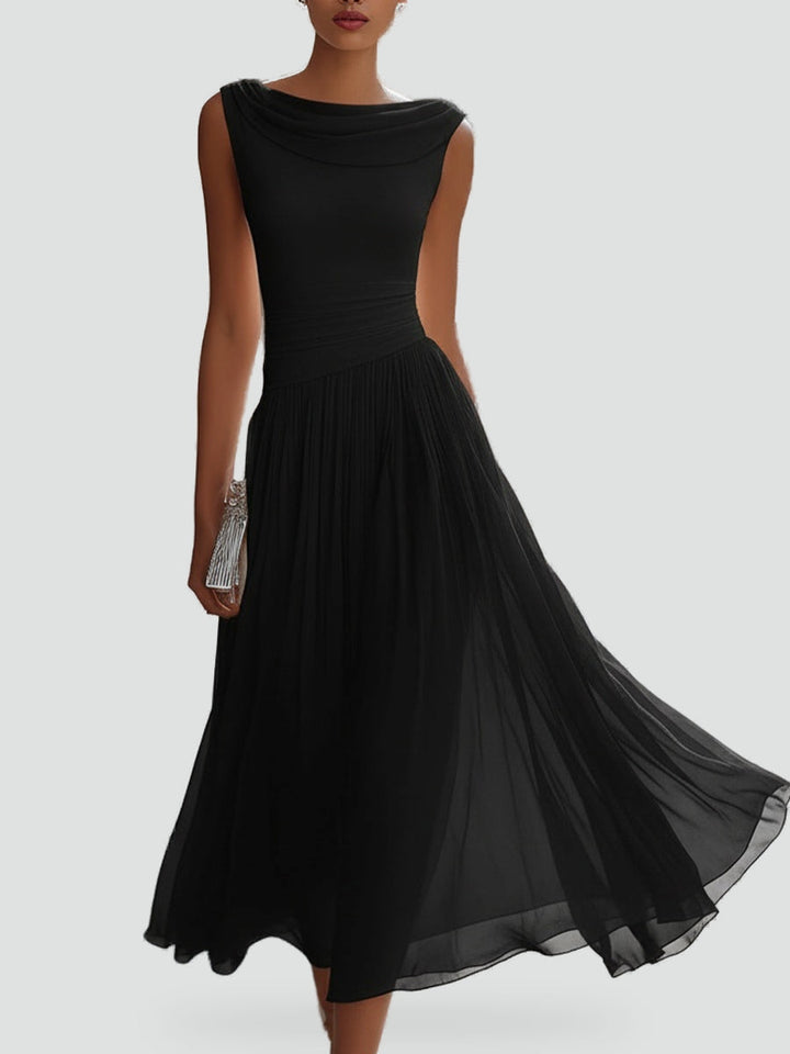 Vivienne draped neck pleated midi dress in black