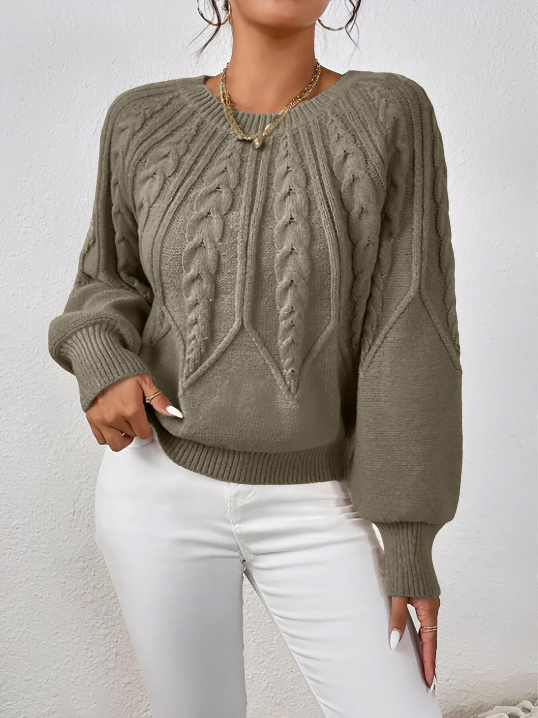 Ragna cable knit V neck jumper with balloon sleeves
