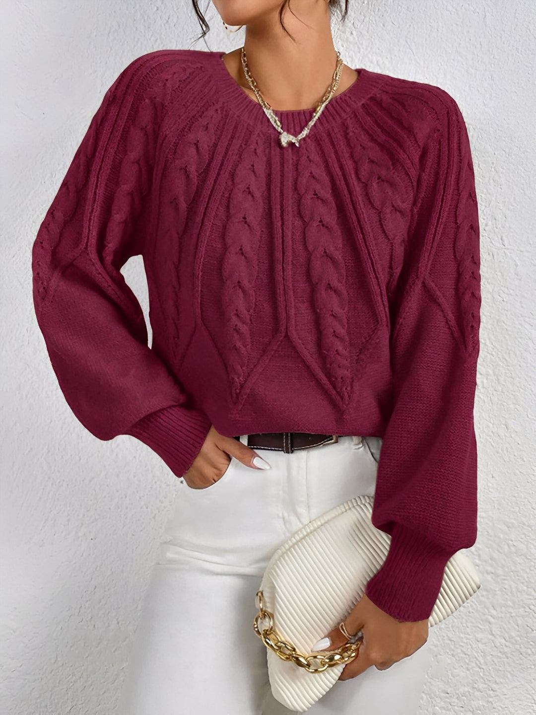 Ragna cable knit V neck jumper with balloon sleeves – image 9