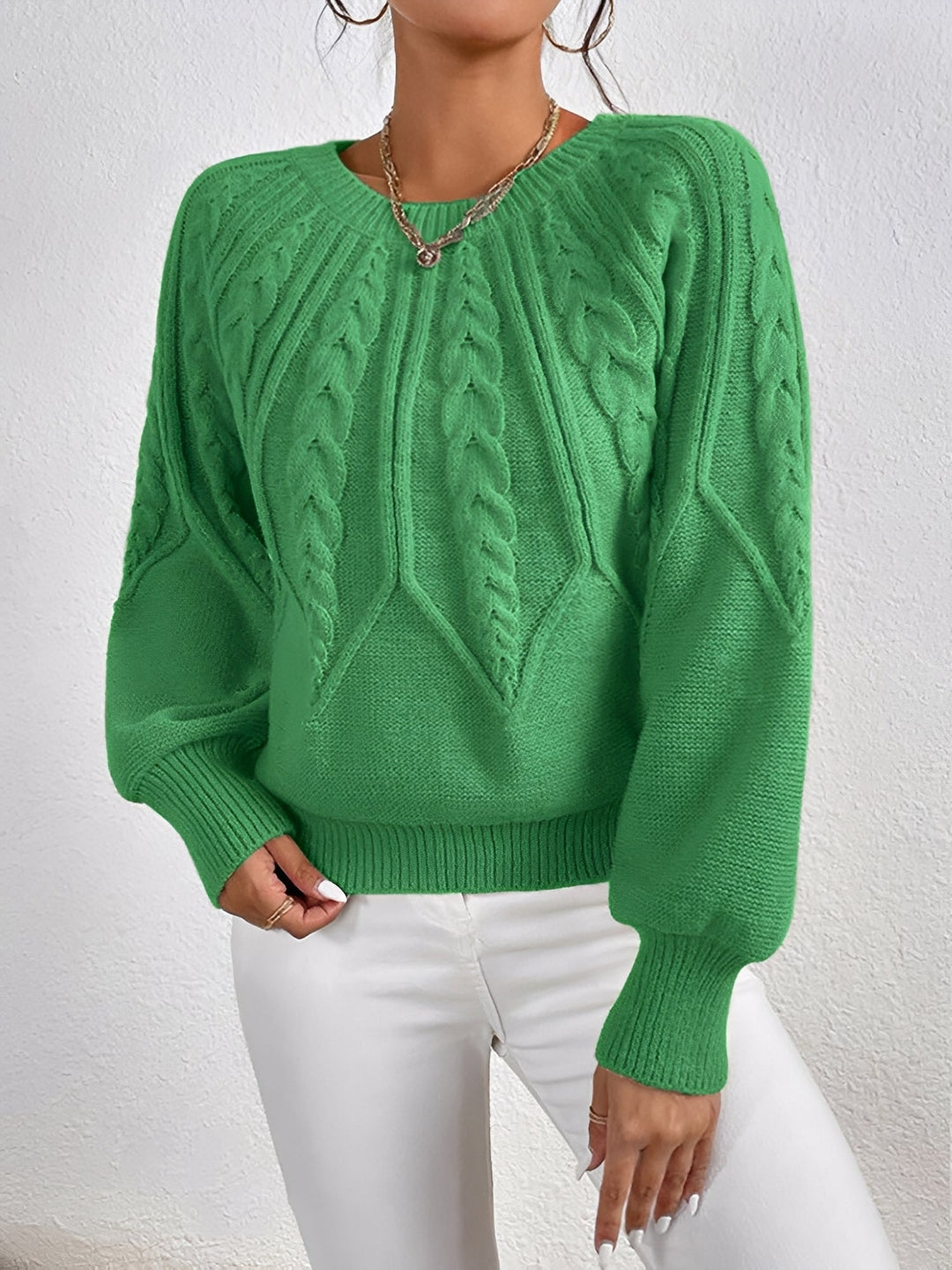 Ragna cable knit V neck jumper with balloon sleeves – image 12