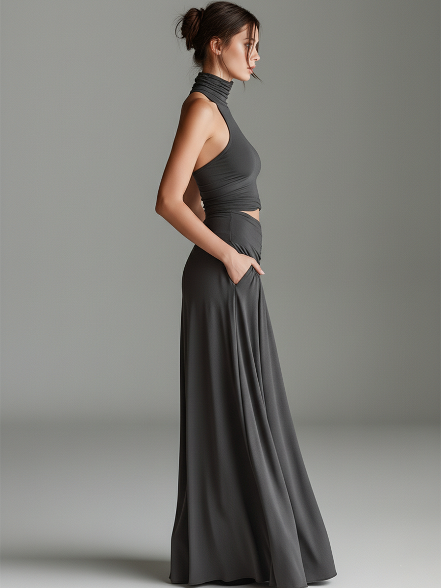 Saskia grey ruched halter maxi dress – image 5