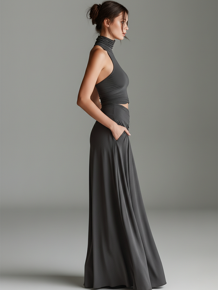 Saskia grey ruched halter maxi dress – image 5