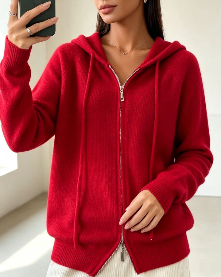 Calista Elegant Fine Knit Zip Up Hooded Cardigan