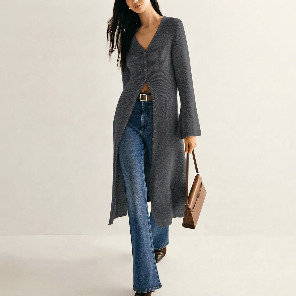 Edwina Elegant V Neck Longline Button Front Cardigan - image 2