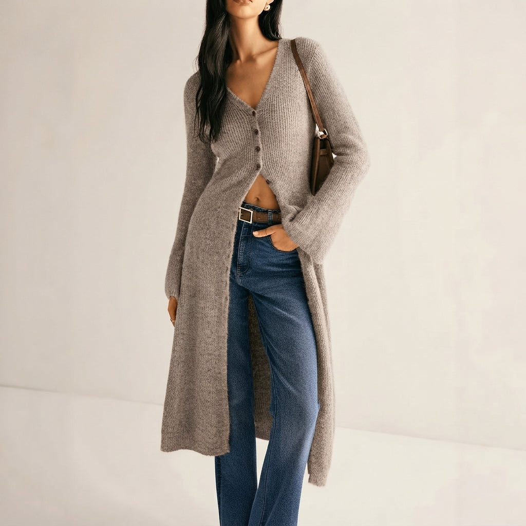Edwina Elegant V Neck Longline Button Front Cardigan - image 9