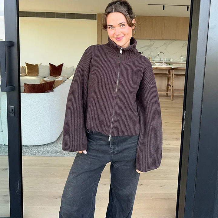 Henrietta Elegant Ribbed Zip Cardigan with High Collar - image 3