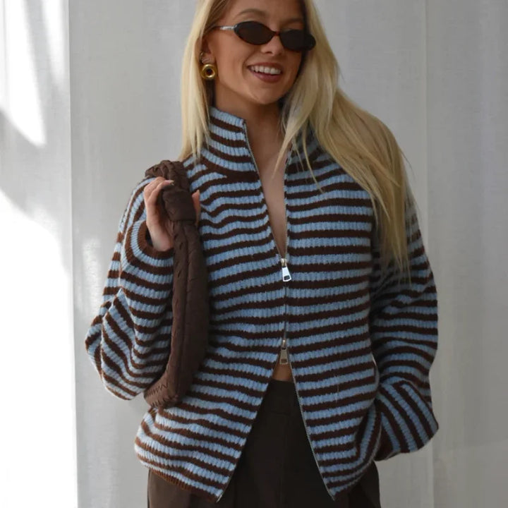 Henrietta Elegant Ribbed Zip Cardigan with High Collar - image 4