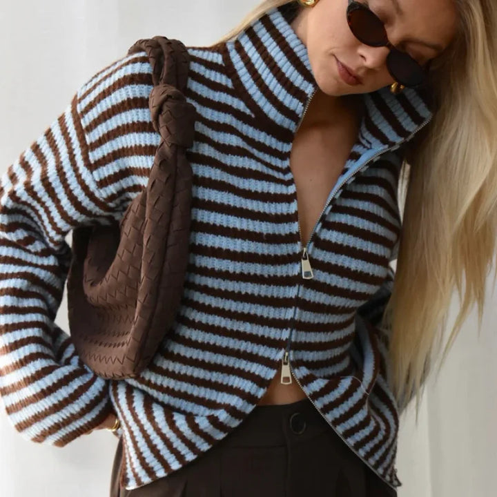 Henrietta Elegant Ribbed Zip Cardigan with High Collar - image 5