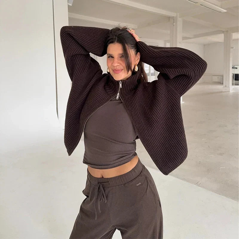 Henrietta Elegant Ribbed Zip Cardigan with High Collar - image 7