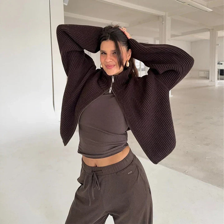 Henrietta Elegant Ribbed Zip Cardigan with High Collar - image 7