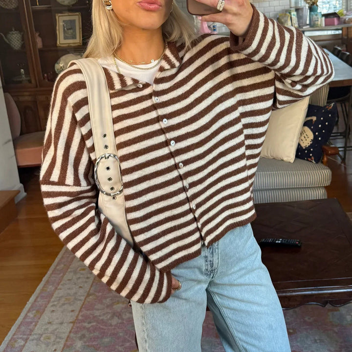 Cerys Elegant Striped Collared Button Cardigan